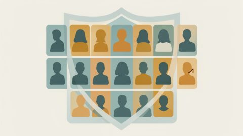 Conceptual illustration of a photo gallery grid behind a privacy shield with a crossed-out face-scan bracket, using blank silhouettes instead of real faces