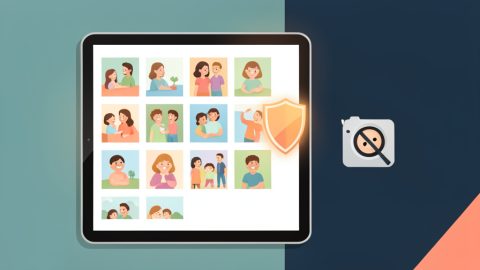 A tablet showing a family photo grid with a privacy shield and a face-detection icon switched off