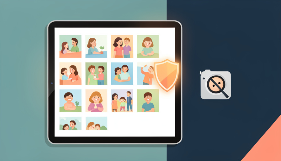 A tablet showing a family photo grid with a privacy shield and a face-detection icon switched off