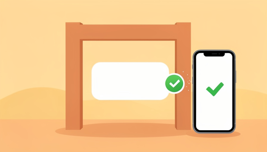 Conceptual illustration of a blank message bubble carrying a green checkmark passing through a checkpoint gate to a phone, evoking a verified registered business text being delivered
