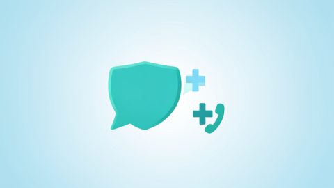 Conceptual illustration of a clinic reception desk with a phone handset and a shielded message bubble, evoking compliant patient texting
