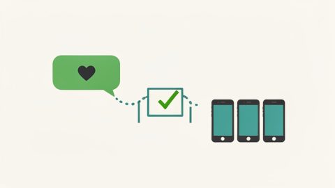 Conceptual illustration of a heart-marked text message passing through a verification checkpoint on its way to a row of donor phones