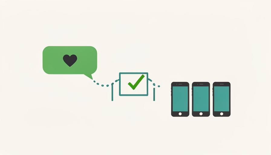 Conceptual illustration of a heart-marked text message passing through a verification checkpoint on its way to a row of donor phones