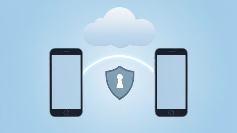 Conceptual illustration of two smartphones with a cloud icon and a shielded key symbol arcing between them, evoking two-factor code backup and restore