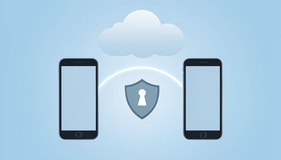 Conceptual illustration of two smartphones with a cloud icon and a shielded key symbol arcing between them, evoking two-factor code backup and restore