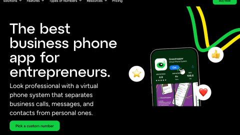 Grasshopper business phone homepage, a small-business virtual phone service that supports A2P 10DLC registration