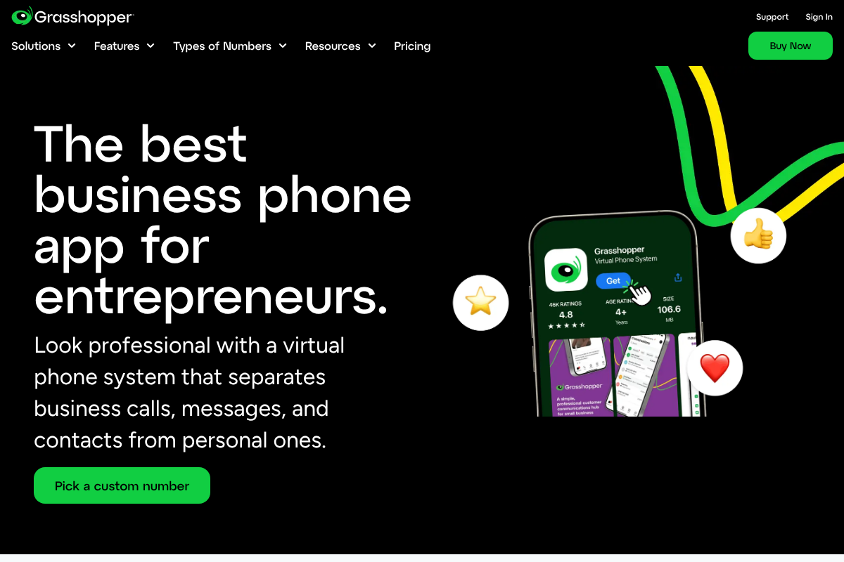 Grasshopper business phone homepage, a small-business virtual phone service that supports A2P 10DLC registration