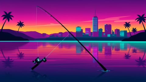 Conceptual illustration of a fishing rod line cast into neon-lit water at dusk in a stylized open-world city setting