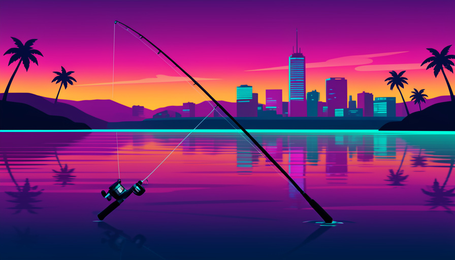 Conceptual illustration of a fishing rod line cast into neon-lit water at dusk in a stylized open-world city setting