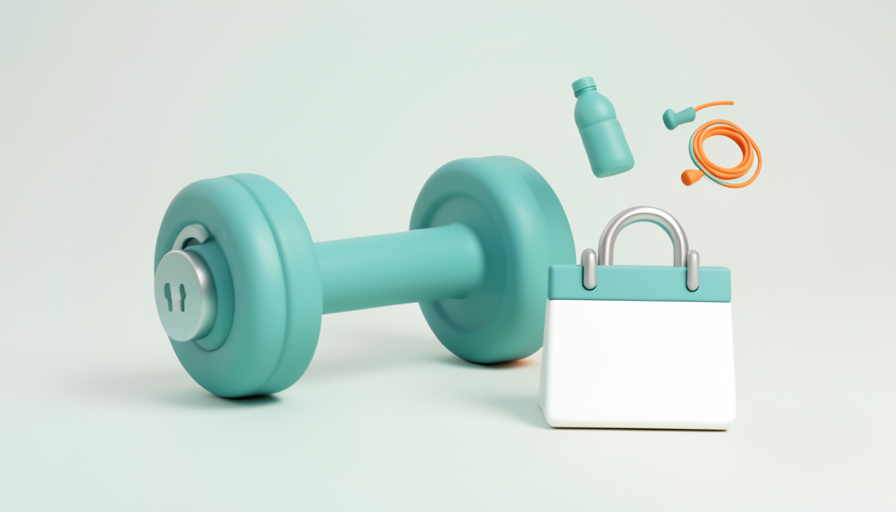 Conceptual illustration of a dumbbell beside a flexible open padlock and a calendar with no long lock-in, evoking a no-contract gym option
