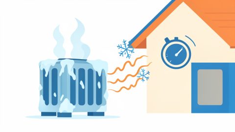 A frosted heat pump unit venting steam during defrost beside a house with a thermostat and warm and cool airflow lines