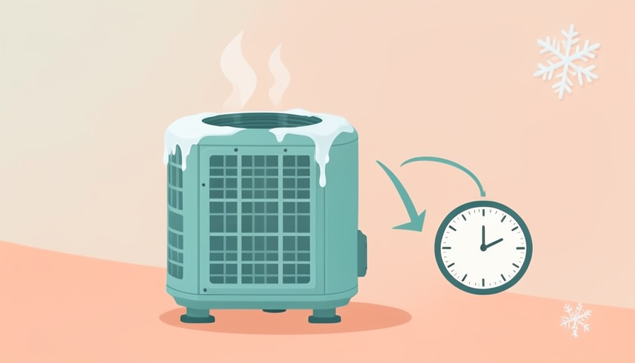 A frosted outdoor heat pump unit with steam rising and a clock and cycle arrow suggesting frequent defrosts