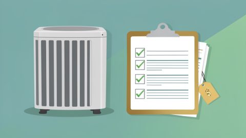 An outdoor heat pump unit beside a clipboard checklist and documents with a rebate tag