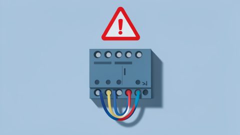 Conceptual illustration of a thermostat wiring terminal block with a warning triangle over a mismatched generic diagram, evoking heat pump wiring red flags