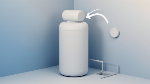 Conceptual illustration of a heat pump water heater tank in a garage with airflow arrows and a condensate drain, evoking installation planning questions