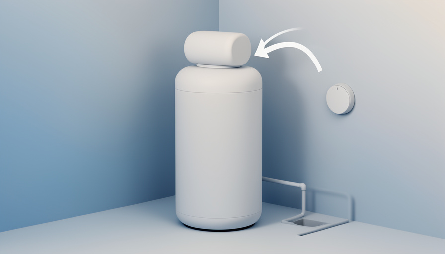 Conceptual illustration of a heat pump water heater tank in a garage with airflow arrows and a condensate drain, evoking installation planning questions