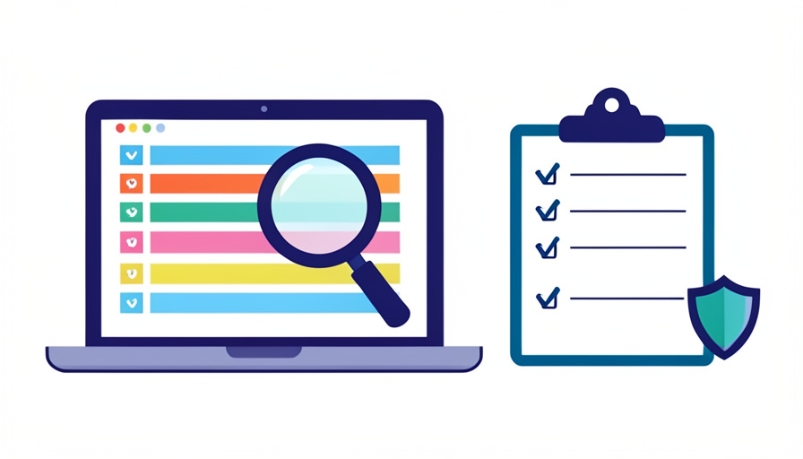 A laptop showing auto-tagged transaction rows with a magnifying glass, a checklist, and a security shield