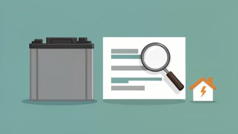 A backup battery next to a spec sheet with a magnifying glass and a house-with-lightning icon
