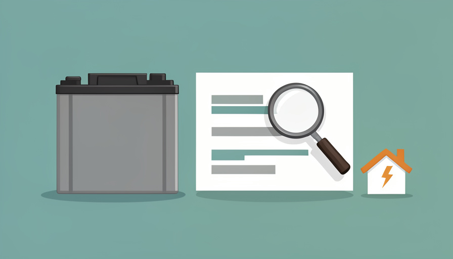 A backup battery next to a spec sheet with a magnifying glass and a house-with-lightning icon