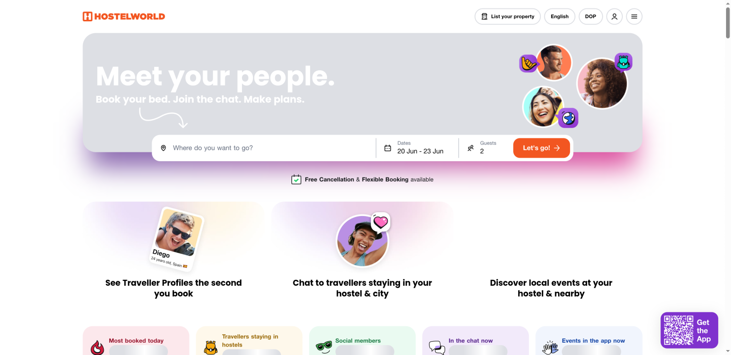 Hostelworld homepage, a hostel booking platform with verified-stay reviews from guests who actually booked