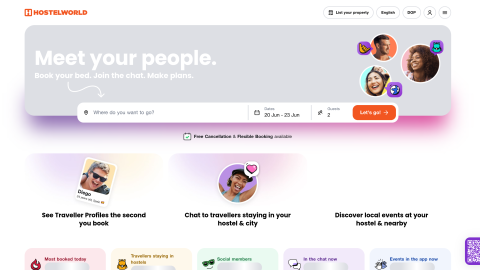 Hostelworld homepage, a hostel booking platform with verified-stay reviews from guests who actually booked