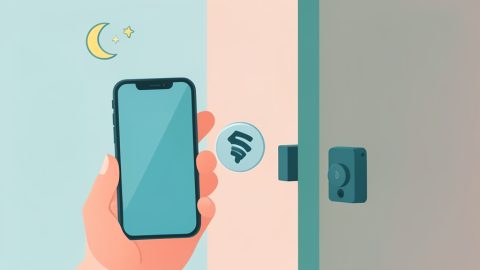 A phone held to a hotel door lock with a wireless symbol and a crescent moon for a late-night arrival