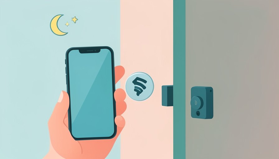 A phone held to a hotel door lock with a wireless symbol and a crescent moon for a late-night arrival