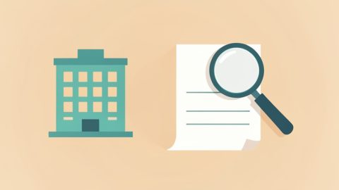 Conceptual illustration of a hotel building beside a receipt with a magnifying glass over a hidden line item, evoking hidden resort fees on a booking page
