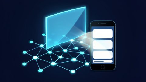 Conceptual illustration of a digital safety shield scanning an abstract social media network for banned content