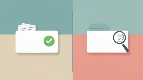 Two blank benefit debit cards with receipts, one with a green checkmark and one under a magnifying glass for review