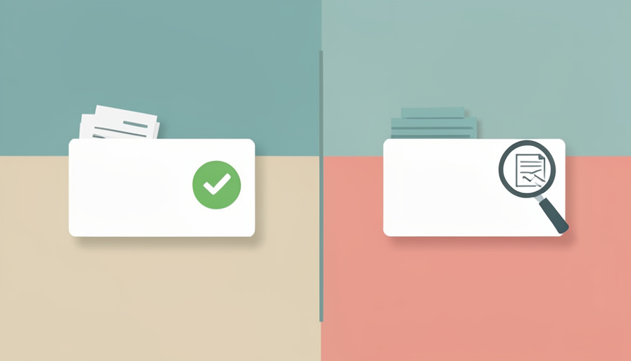 Two blank benefit debit cards with receipts, one with a green checkmark and one under a magnifying glass for review