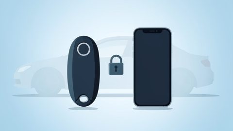 Conceptual illustration of a car key fob and a smartphone beside a small padlock, evoking remote car features behind a subscription