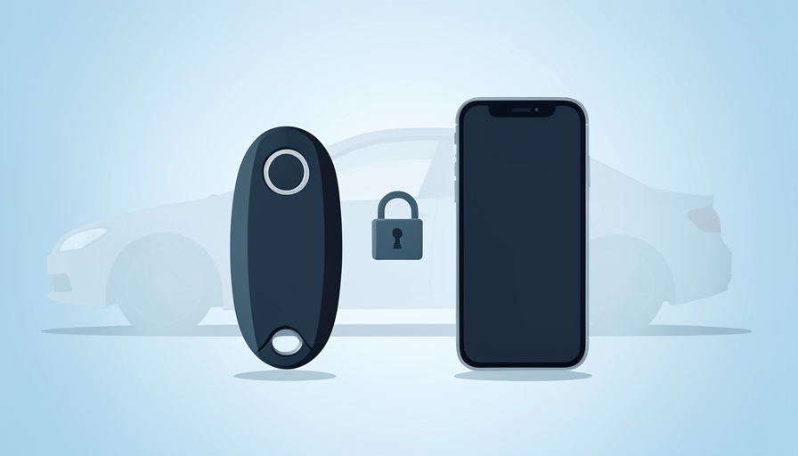 Conceptual illustration of a car key fob and a smartphone beside a small padlock, evoking remote car features behind a subscription