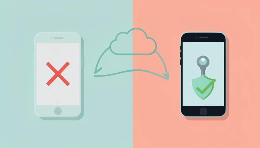 A lost phone with a red X, a cloud recovery path, and a new phone showing a passkey key and a green shield