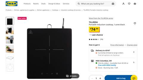IKEA TILLREDA portable induction cooktop product page