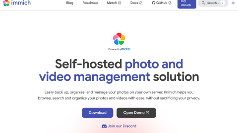 Immich self-hosted photo app homepage