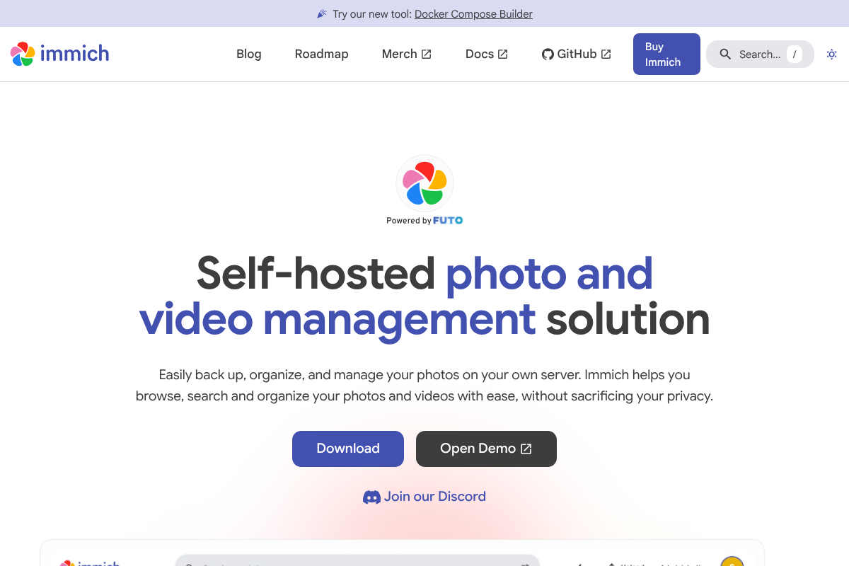 Immich self-hosted photo app homepage