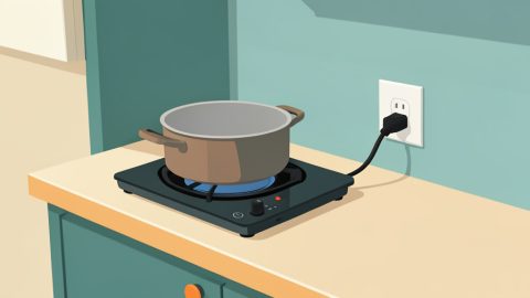 A portable induction burner with a pot plugged into a standard wall outlet on an apartment counter