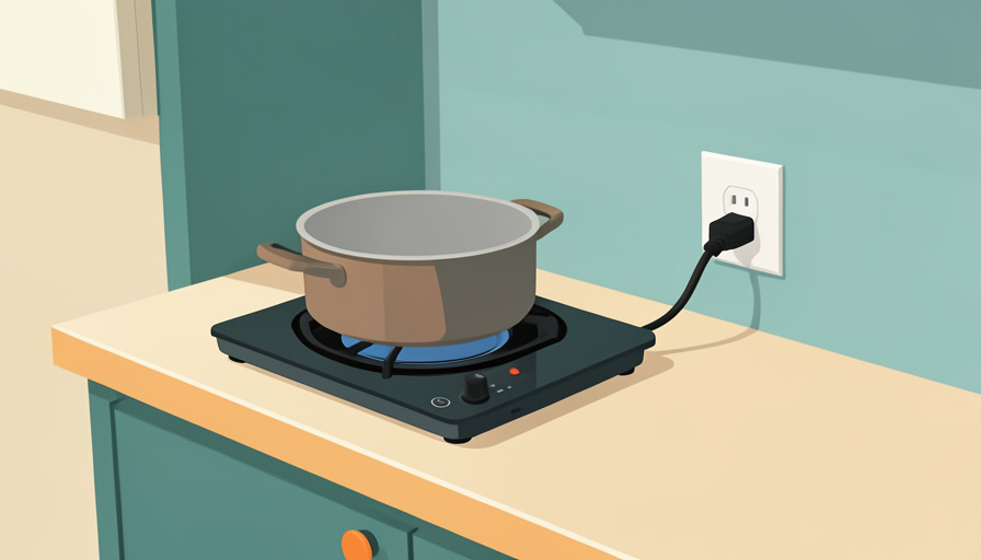 A portable induction burner with a pot plugged into a standard wall outlet on an apartment counter