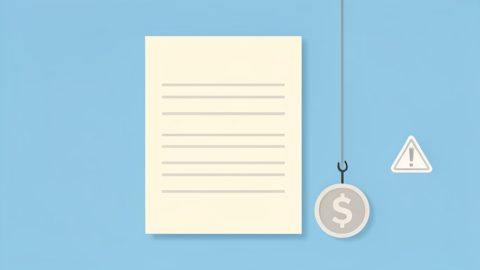 Conceptual illustration of a blank invoice document with a dollar sign, a fishing hook, and a warning symbol, evoking a fake overpayment refund scam aimed at a small business