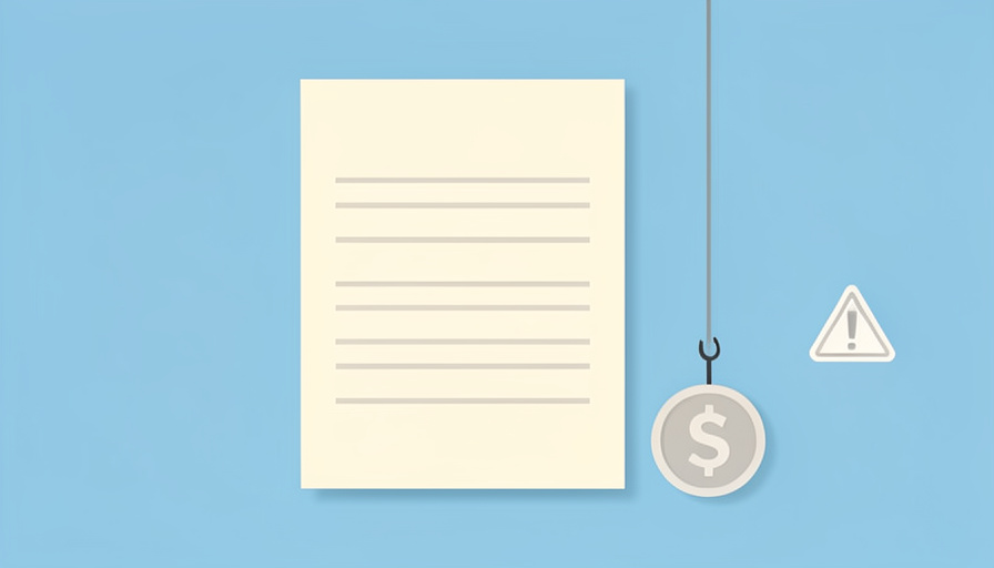 Conceptual illustration of a blank invoice document with a dollar sign, a fishing hook, and a warning symbol, evoking a fake overpayment refund scam aimed at a small business