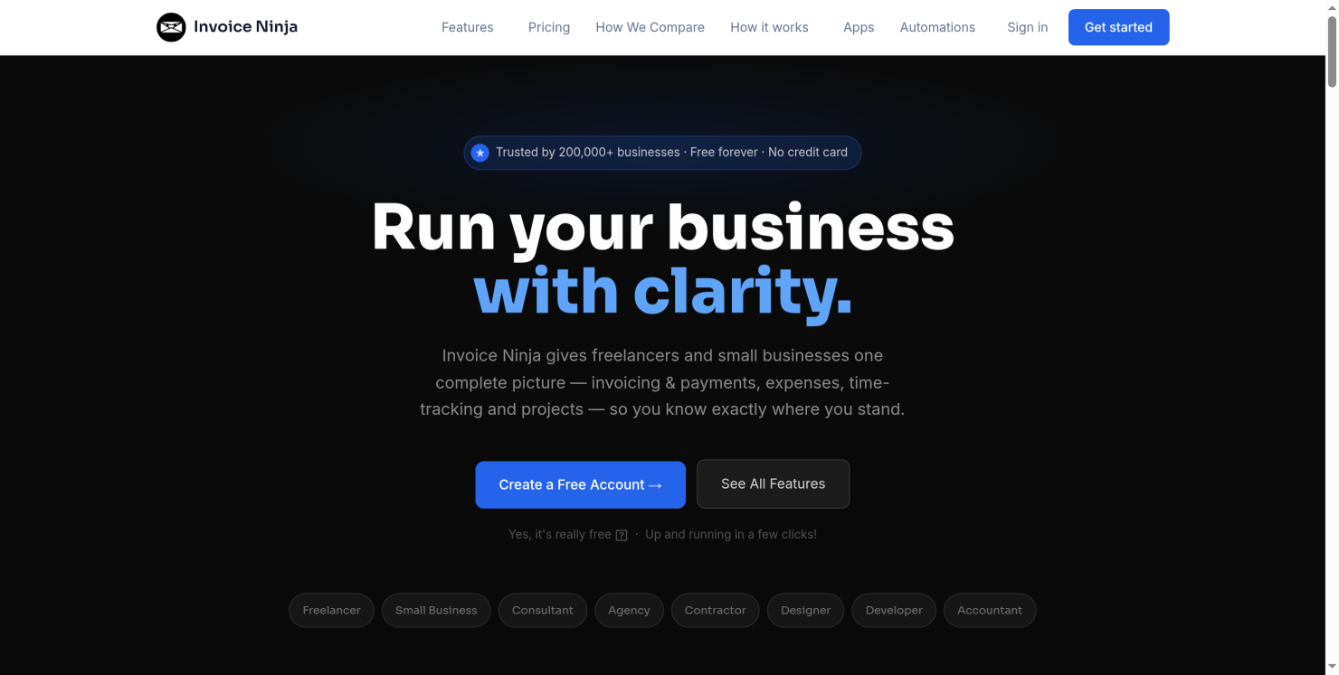 Invoice Ninja open-source invoicing homepage
