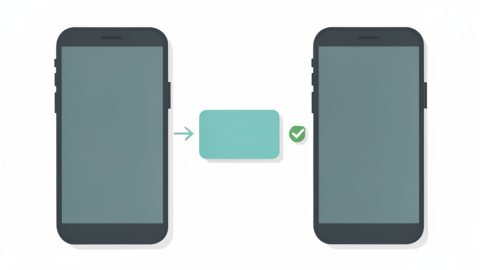Conceptual illustration of two phones with a wallet card and a ticket pass moving between them and a checkmark, evoking migrating Apple Wallet items to a new iPhone
