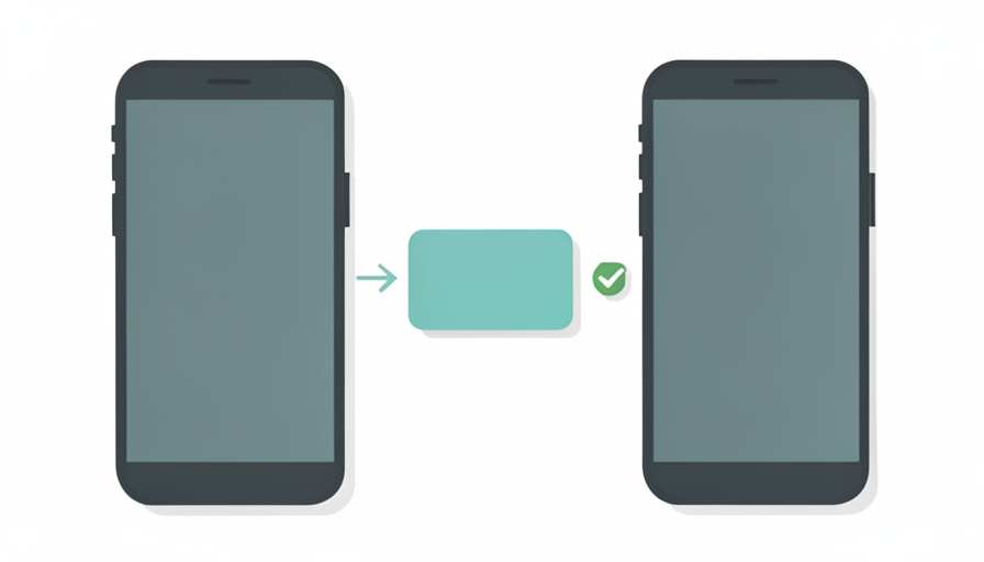 Conceptual illustration of two phones with a wallet card and a ticket pass moving between them and a checkmark, evoking migrating Apple Wallet items to a new iPhone