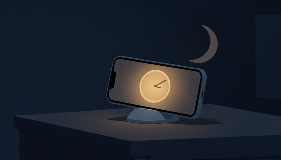 Conceptual illustration of a phone propped sideways on a charging stand at night showing a glowing clock face with a crescent moon nearby, evoking StandBy staying on