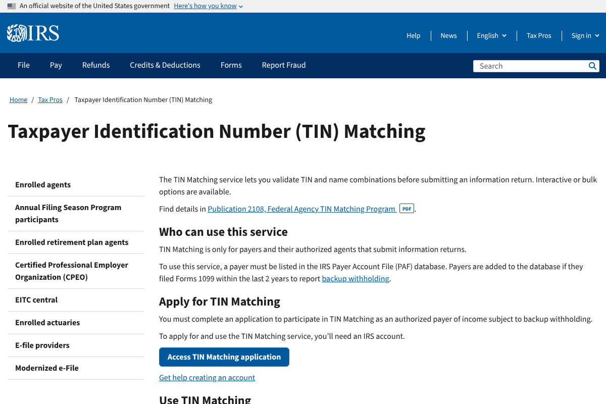 IRS TIN Matching program page