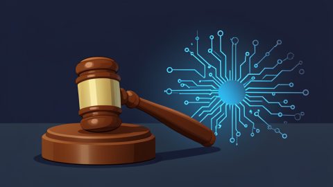 Conceptual illustration of a legal gavel beside a digital circuit pattern representing AI and the law