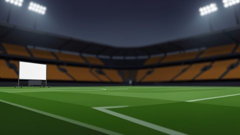 Conceptual illustration of a football manager's touchline area with a tactics board and an empty stadium behind, evoking a Premier League matchday