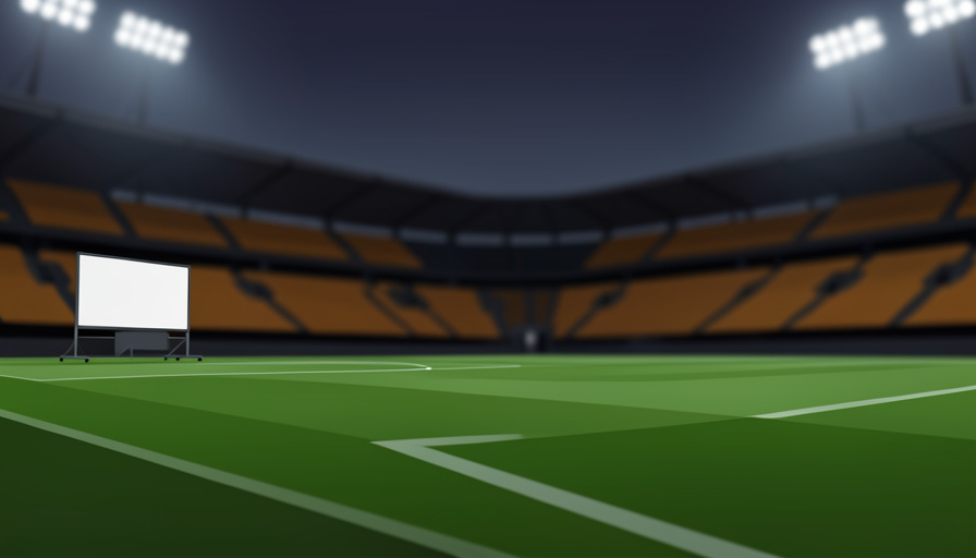 Conceptual illustration of a football manager's touchline area with a tactics board and an empty stadium behind, evoking a Premier League matchday
