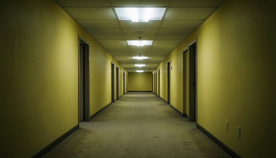 Conceptual illustration of an eerie empty yellow-walled office corridor with fluorescent lights, evoking liminal horror